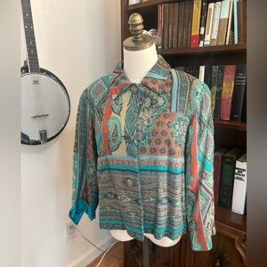 ANU By Naturals Silk Blend Boho Patchwork Scarf Print Teal Blazer SZ Med Artsy